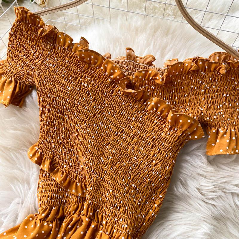 RUGOD Vintage Boho Puntíkatý potisk přes rameno Sexy letní dlouhé šaty Party Elastické Cross Criss Ženy Plážové prázdninové šaty