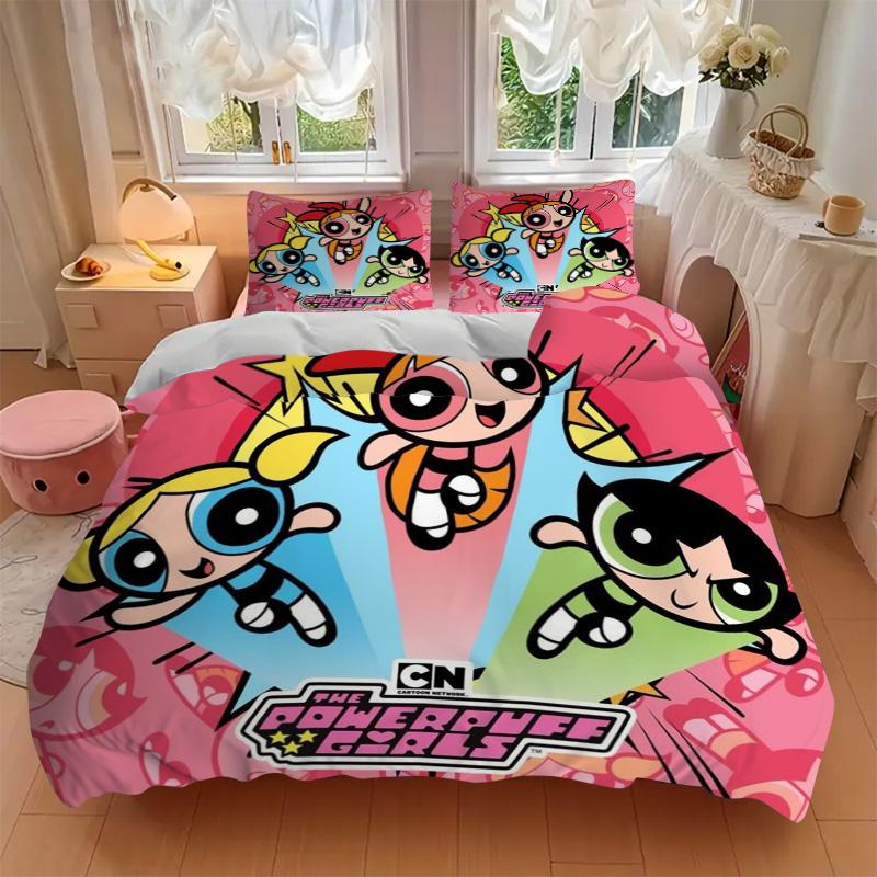 Powerpuff Girls Abenteuer Druck 3-teiliges Bettwäsche-Set Bettbezug mit 2 Kissenbezügen Zuhause Geburtstagsgeschenk