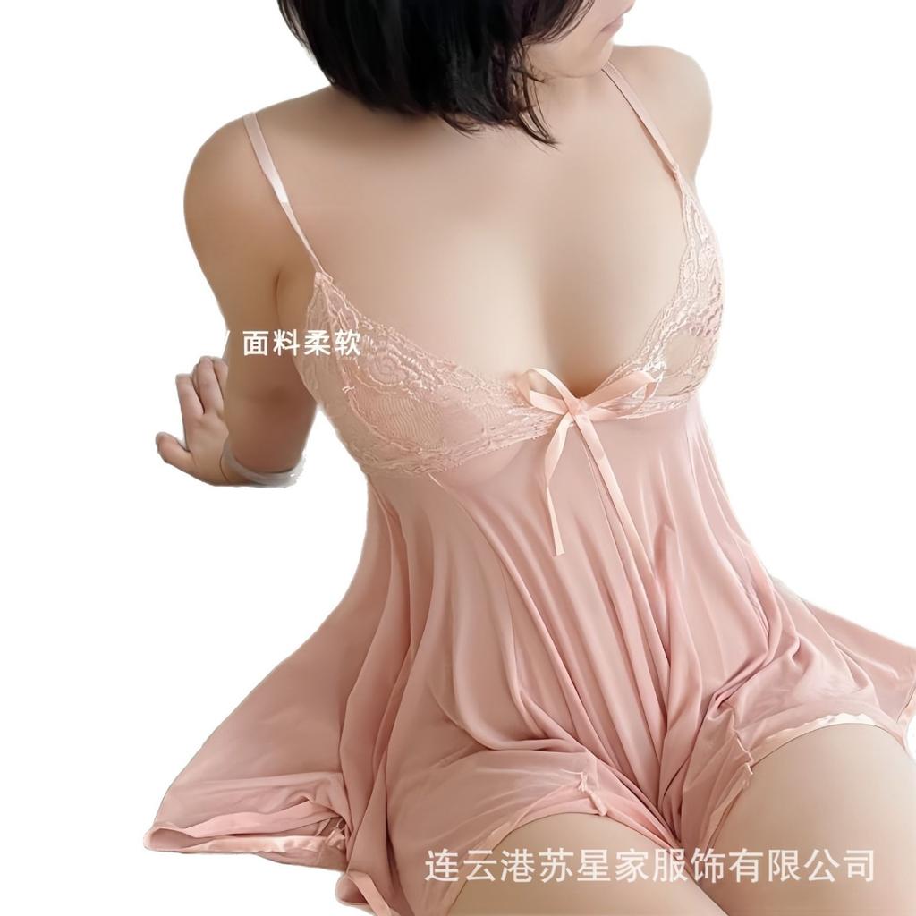 Large size transparent mesh dress, sexy suspender, pure desire wind, small chest, big lace bow, fat sister nightdress.