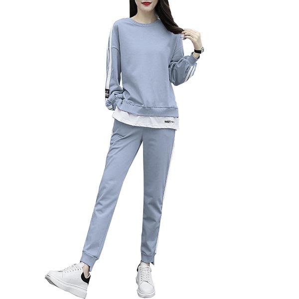 

Women s Spring and Fall Big Yards Casual Sportswear Suit Splicing Round Neck Long-sleeved Sweatshirt + Harlan Pants Two-piece Set S