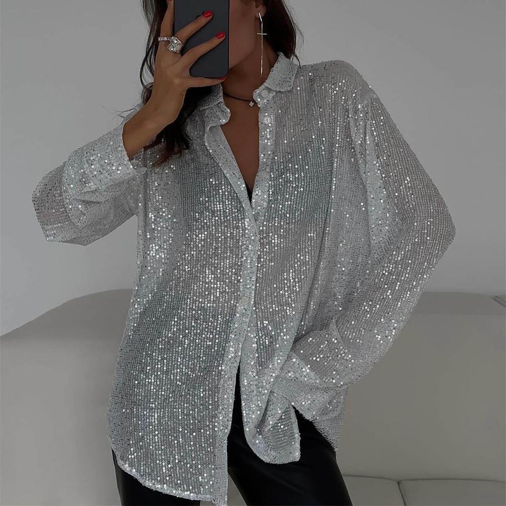 "Women's Sequin Lapel Long Sleeve Cardigan Shirt Jacket - 2024 Spring/Summer European & American Style"