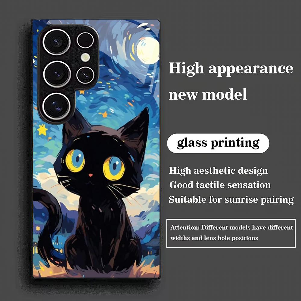 Starry Sky Cat Tempered Glass Phone Case Suitable for Samsung Galaxy S26 S25 S24 S23 S22 S20 FE/Ultra/Plus Anti Drop Back Cover