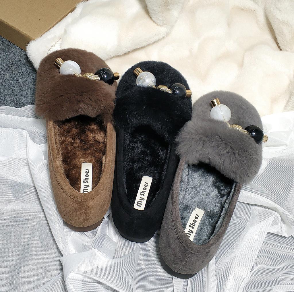 Fashion Two Candy bead fur flats woman cozy warm plush loafers winter cotton shoes women 2025 real rabbit fur moccasins large size 35-42