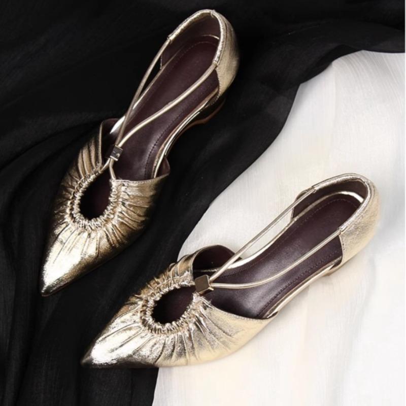 Fashion Summer Temperament Single Shoes Fashion Pointed Toe Hollow Pleated Wear Light Luxury Shallow Soft-soled Sandals