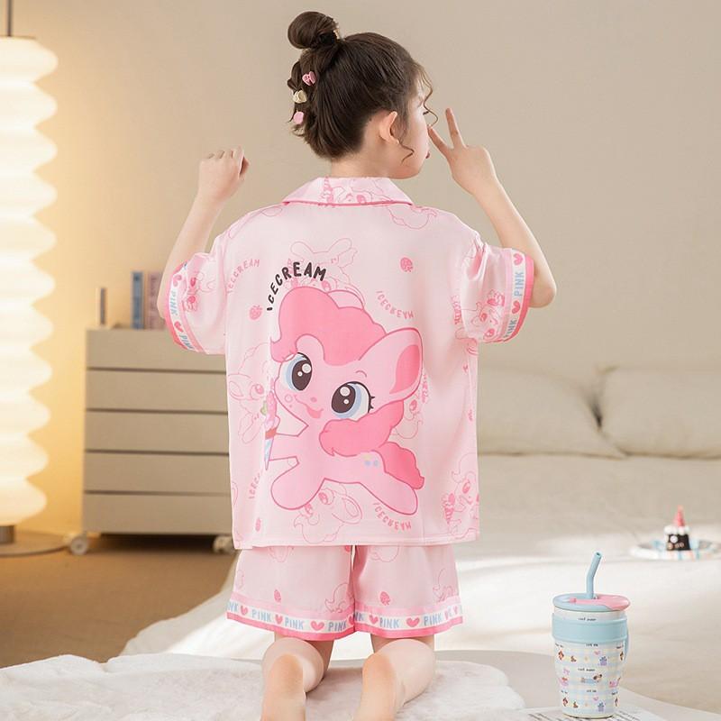 Girls Ice Silk Pajama Set Short Sleeve Cartoon Print Sleepwear 8-14 Years Old Kids