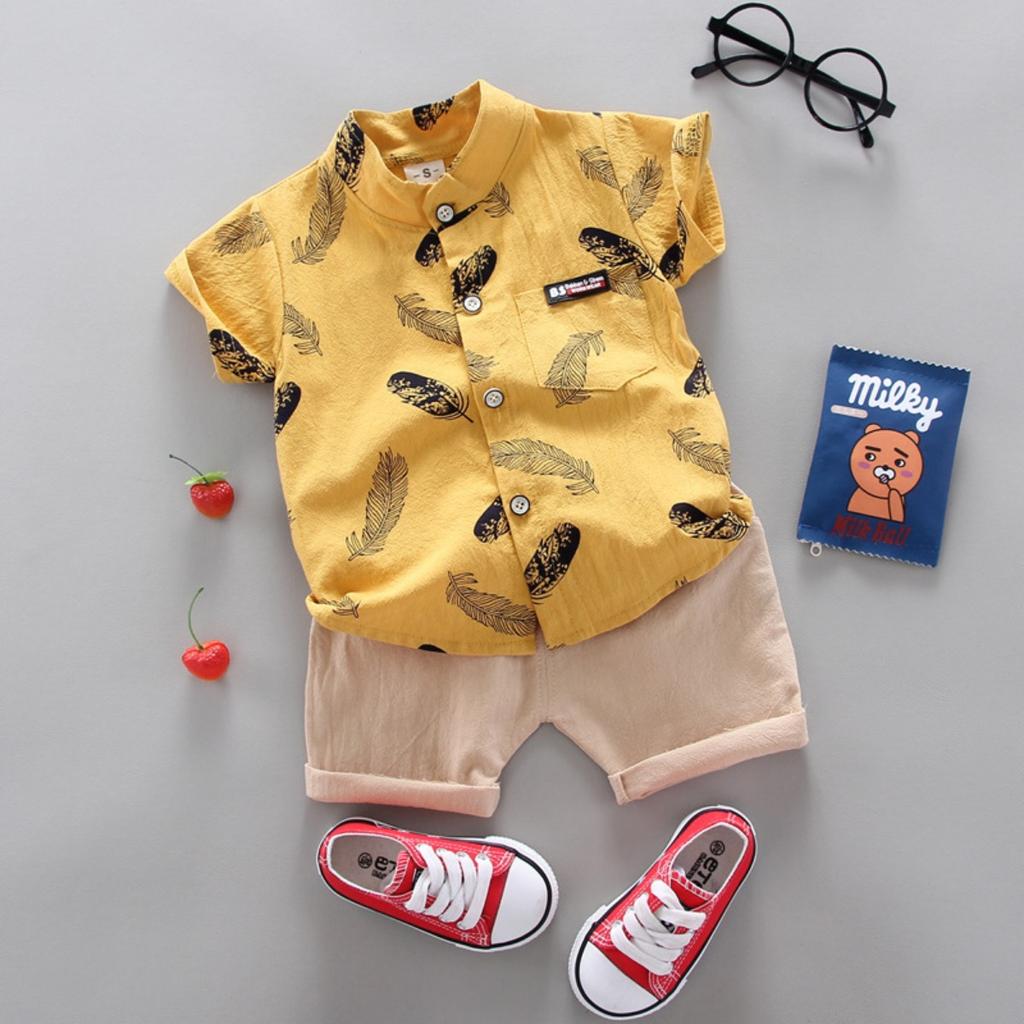 Summer Printed Pyramid Shirt Short Sleeved Shorts Set for Male and Female Infants and Young Children