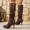 Fashion Pleated Design Stiletto Heels Long Boots Women Fashion Point Toe Knee High Boots Woman Autumn Winter PU Leather Botas Mujer 2025