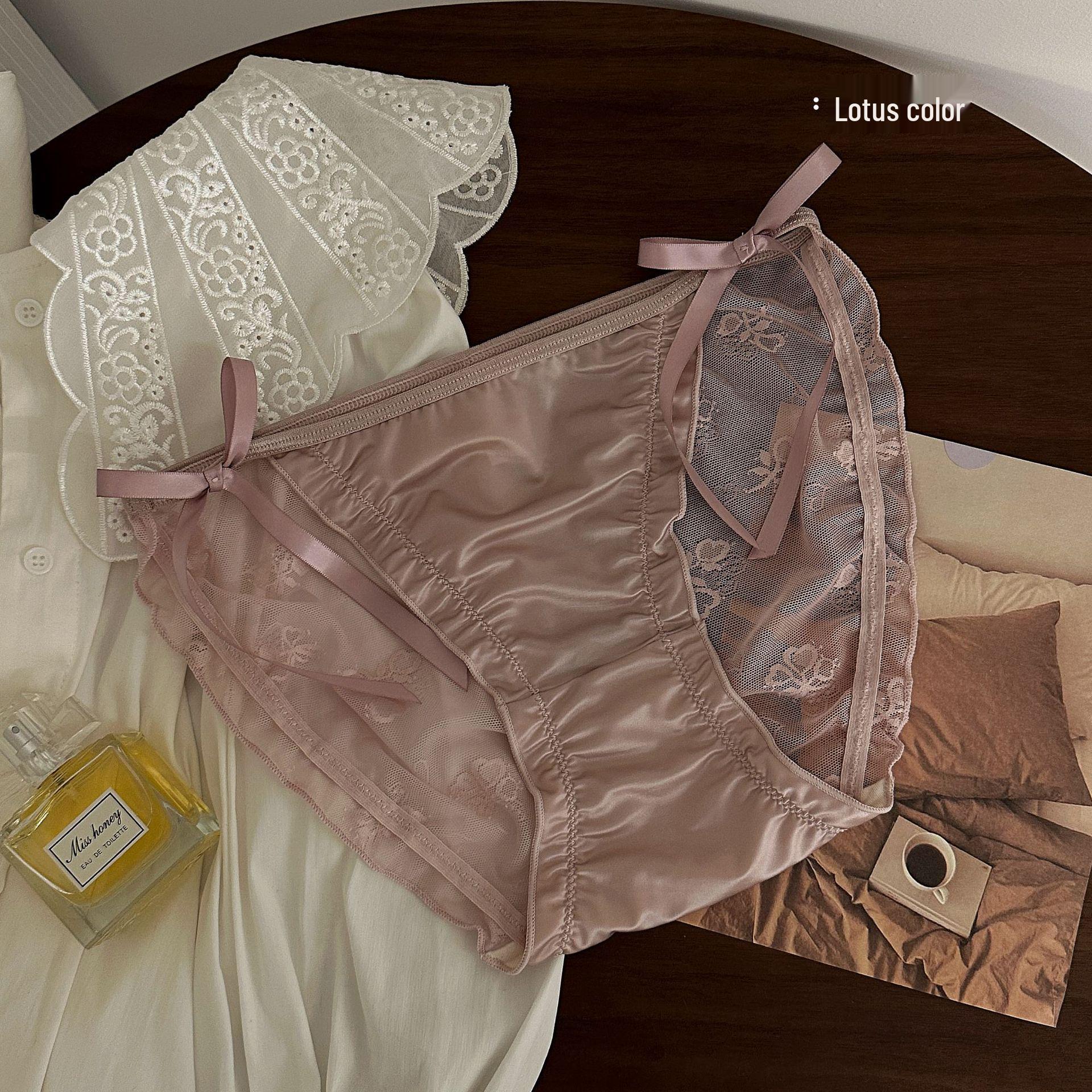 

Женские полупрозрачные трусы-хипстеры из шелкового атласа с кружевом, бантом и сеткой L 90-110 lbs