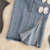 Denim Skirt Women's Summer High-Waisted Mid-Length Cover The Crotch To Show Thin Beaded Split A-Line Hip Skirt