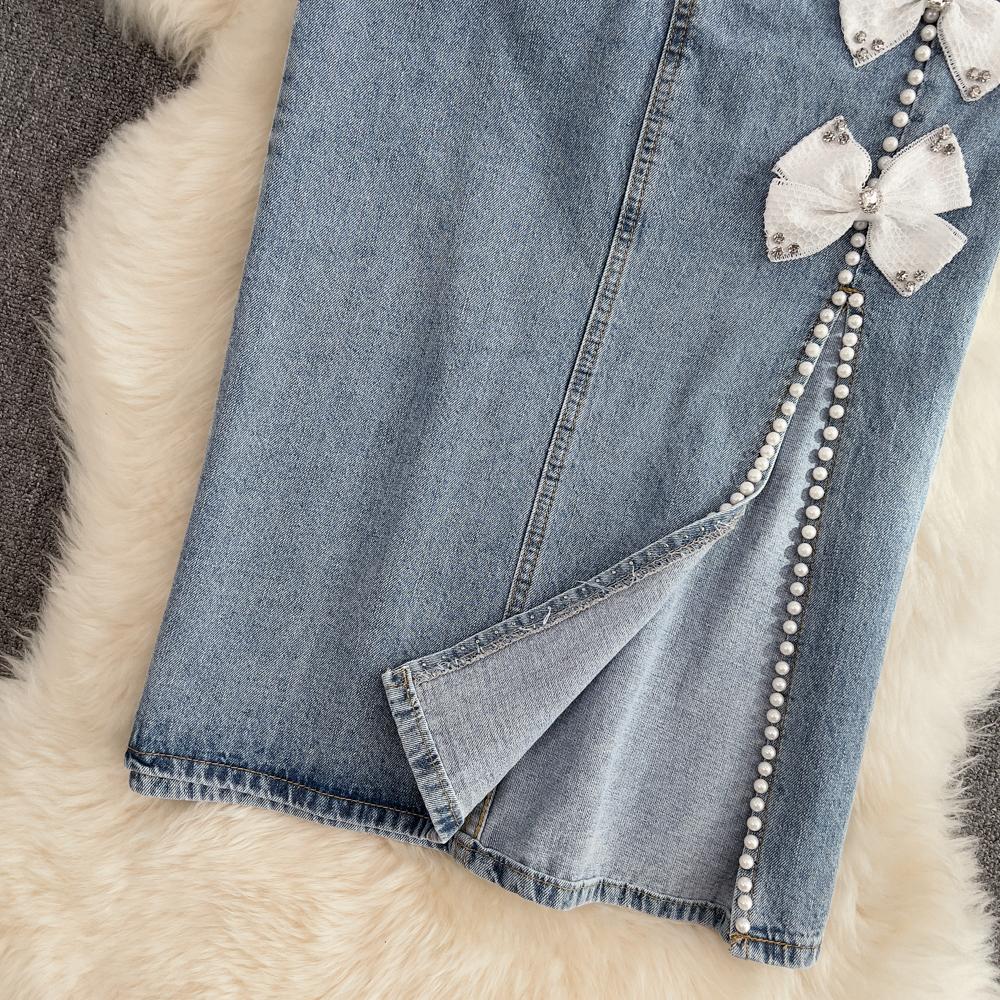 Denim Skirt Women's Summer High-Waisted Mid-Length Cover The Crotch To Show Thin Beaded Split A-Line Hip Skirt