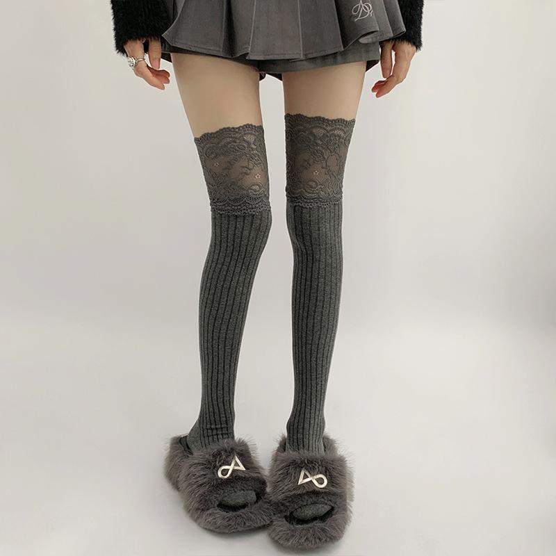 Lace Stockings Lolita Lace Patchwork Long Socks Women's Thigh-high Stocks Piles Of Socks Striped Cotton Over-the-knee Socks