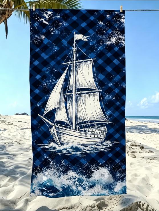 Nautical Anchor Beach Towel, Microfiber Large Sand Free Quick Dry, Navy Plaid Ocean Design, Soft Absorbent Bt21 Beach Towel