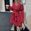 Damen Entspanntes Modisches Bindegürtel Locker Gestricktes V-Ausschnitt Midi-Kleid