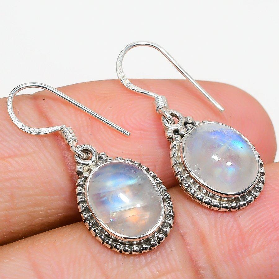 Natural Rainbow Moonstone Gemstone 925 Solid Sterling Silver Earring 1.25" r1w03