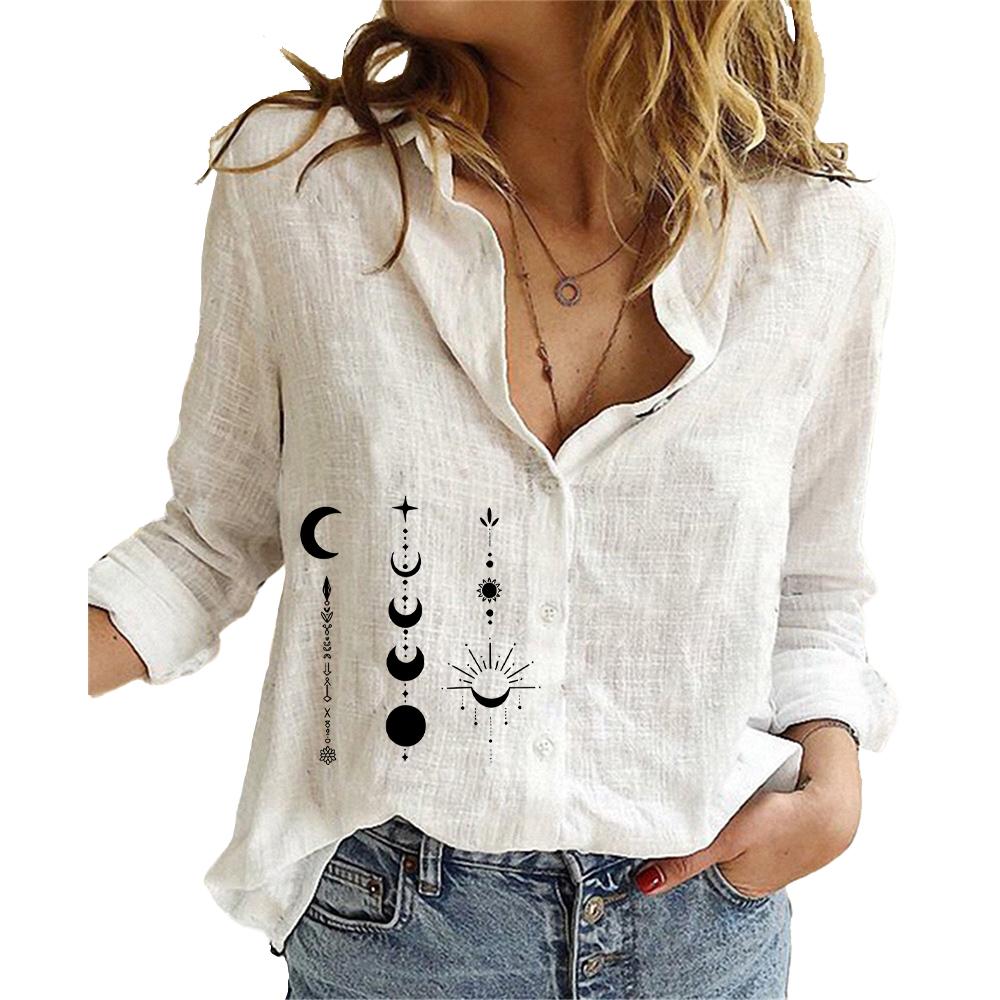 Damen Mode Print Button-up Bluse Damen Locker Baumwolle Leinen Top Lässig Langarmhemd