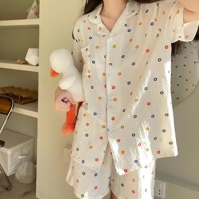 Women's Pajamas Summer Short Sleeve Sleepwear Set Cartoon Cute Rabbit Printed Pyjama Woman Ruffle Home Nightwear Set Cardigan