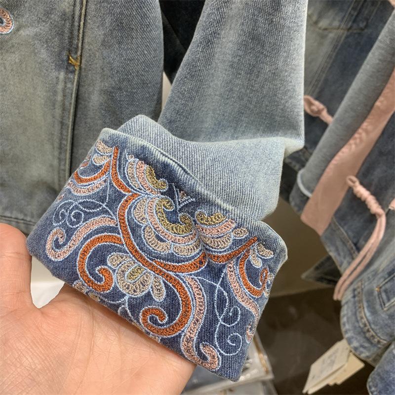 Giacca di Jeans da Donna Stile Cinese Primavera Autunno Corta con Bottoni Top di Jeans Ricamato