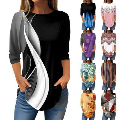 Womens T Shirts 3/4 Sleeve Shirts Color Pullover Summer Spring Tops Blouses