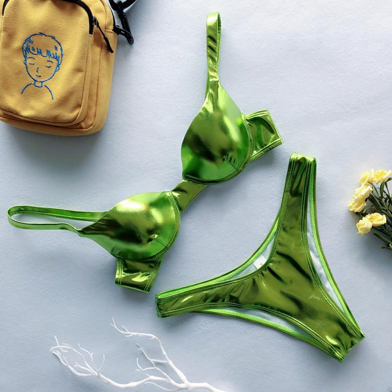 Women's Sexy Shiny Leather Hard Cup Bikini - Gathered Cross-border Beach Swimwear