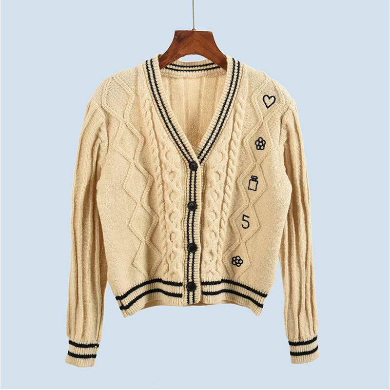 Retro College Style V-neck Sweater Coat Long Sleeves Loose Embroider Knitting Tops 2025 Fall and Winter Girls' Clothing