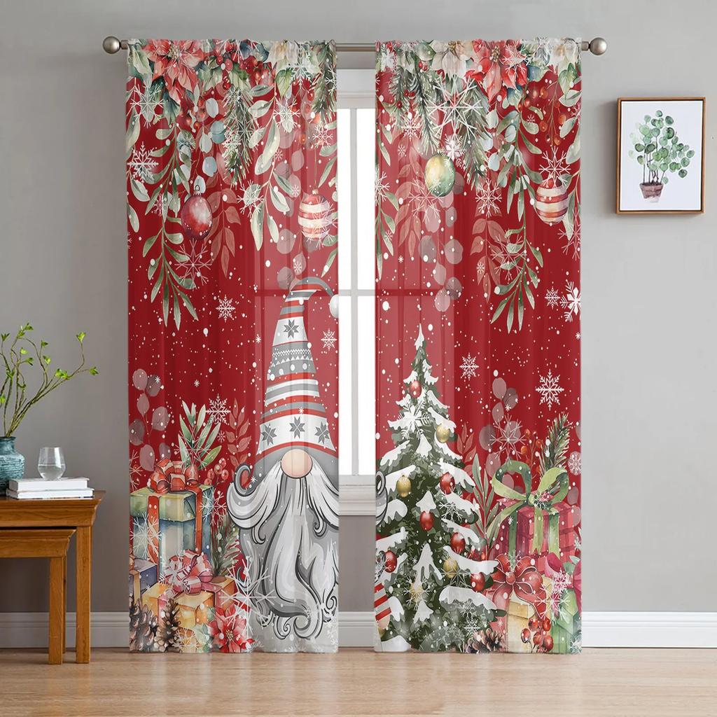 Christmas Snowflake Gnome Eucalyptus Red Sheer Curtains Bedroom Decoration Window Curtain Kitchen Tulle Voile Curtains