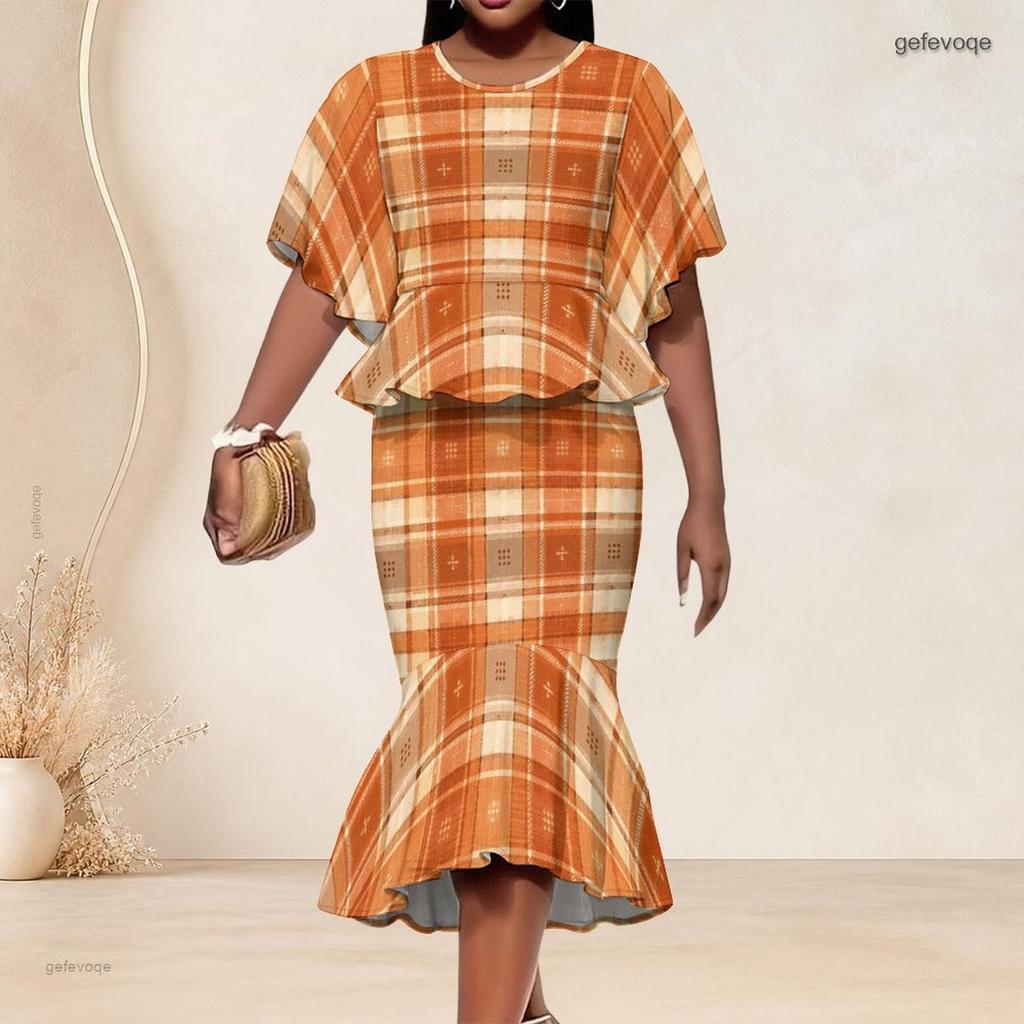 Women Plus Size Printed Round Neck Batwing Short Sleeve Ruffle Hem Top Fishtail Skirt Two Piece Set