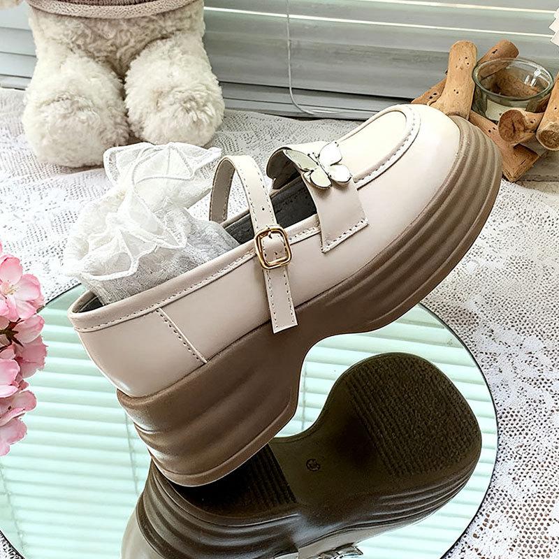 

Spring and Autumn new thick heel platform retro college style jk shoes Mary Jane shoes milk white butterfly small leather shoes women 40 бежевый