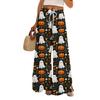 Ladies' Loose And Casual Halloween Printed Wide Leg Pants With Elastic Waistband Drawstring And Pocket Pants
