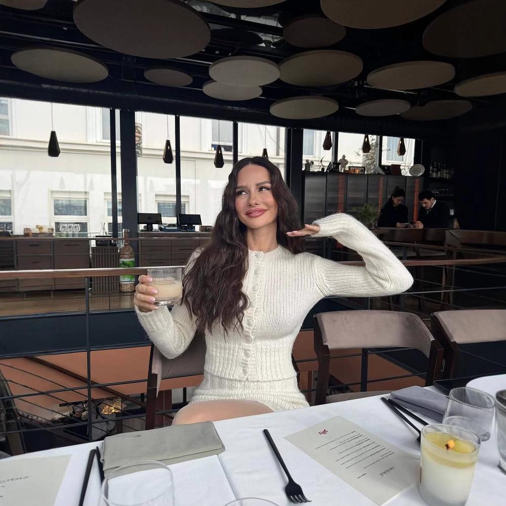 Европейская и американская женская мода Шерстяной вязаный кардиган + Юбка миди L