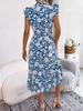Women Casual Floral Elastic Waist Ruffled Vacation A Line Long Chiffon Dress