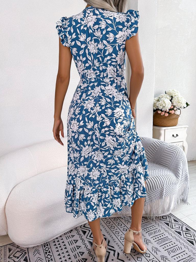 Women Casual Floral Elastic Waist Ruffled Vacation A Line Long Chiffon Dress