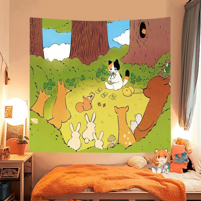 Cute Cat Forest Tapestry Kawaii Cartoon Animal Wall Hanging Polyester Aesthetic Room Decor for Bedroom Dorm 100X70CM