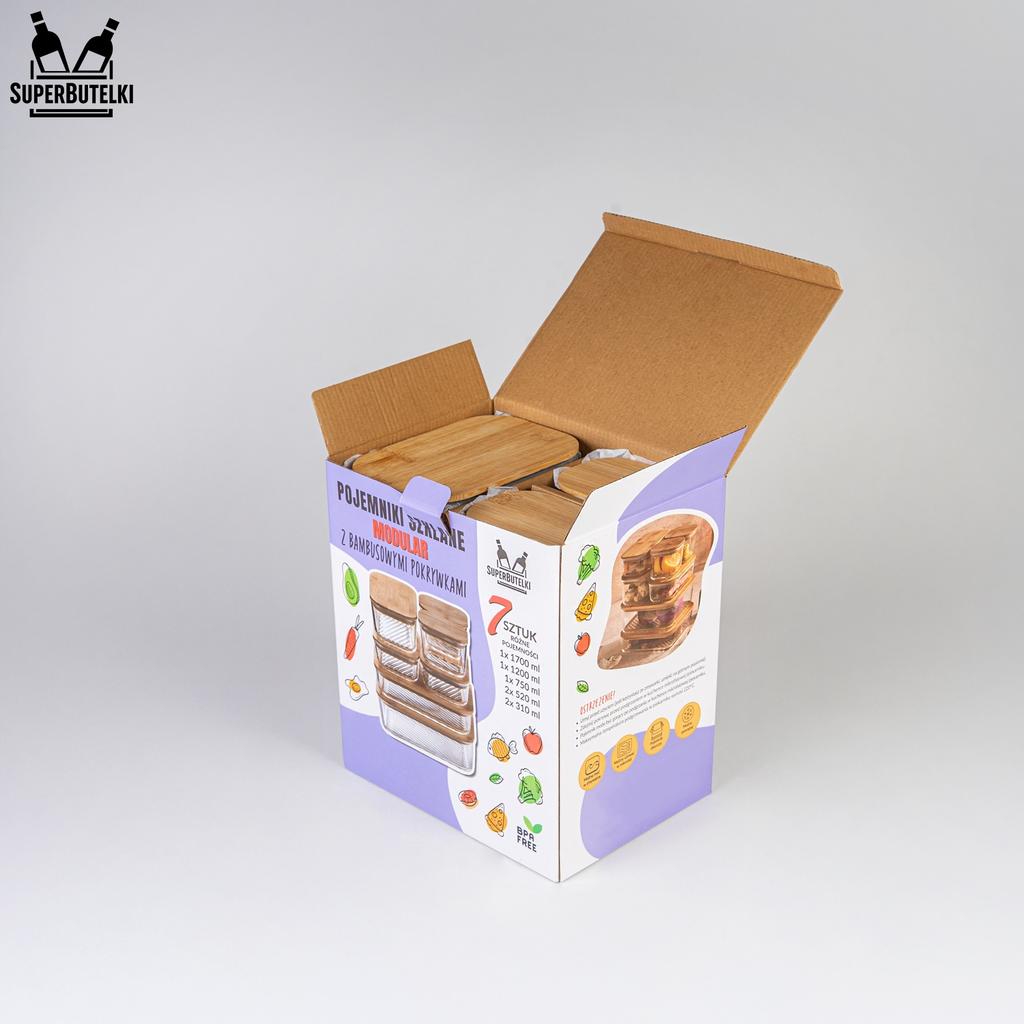 MODULARNE szklane pojemniki (7 szt) - 2x 310 ml + 2x 520 ml + 1x 750 ml + 1x 1200 ml + 1x 1700 ml z bambusowymi pokrywkami