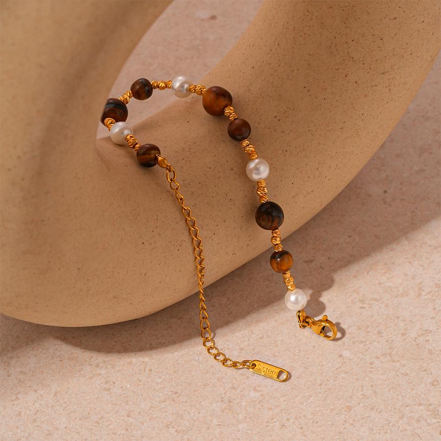 Retro Bransoletka z Imitacją Tygrysiego Oka i Imitacją Perły, Pozłacana, Ekskluzywna Biżuteria Modowa dla Kobiet.