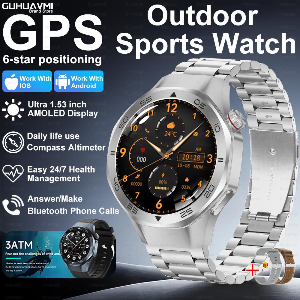 New GPS Position Smart Watch Men 1.53'' AMOLED HD Screen Compass Heart Rate 3ATM Waterproof Call Sports Business Smart Watch