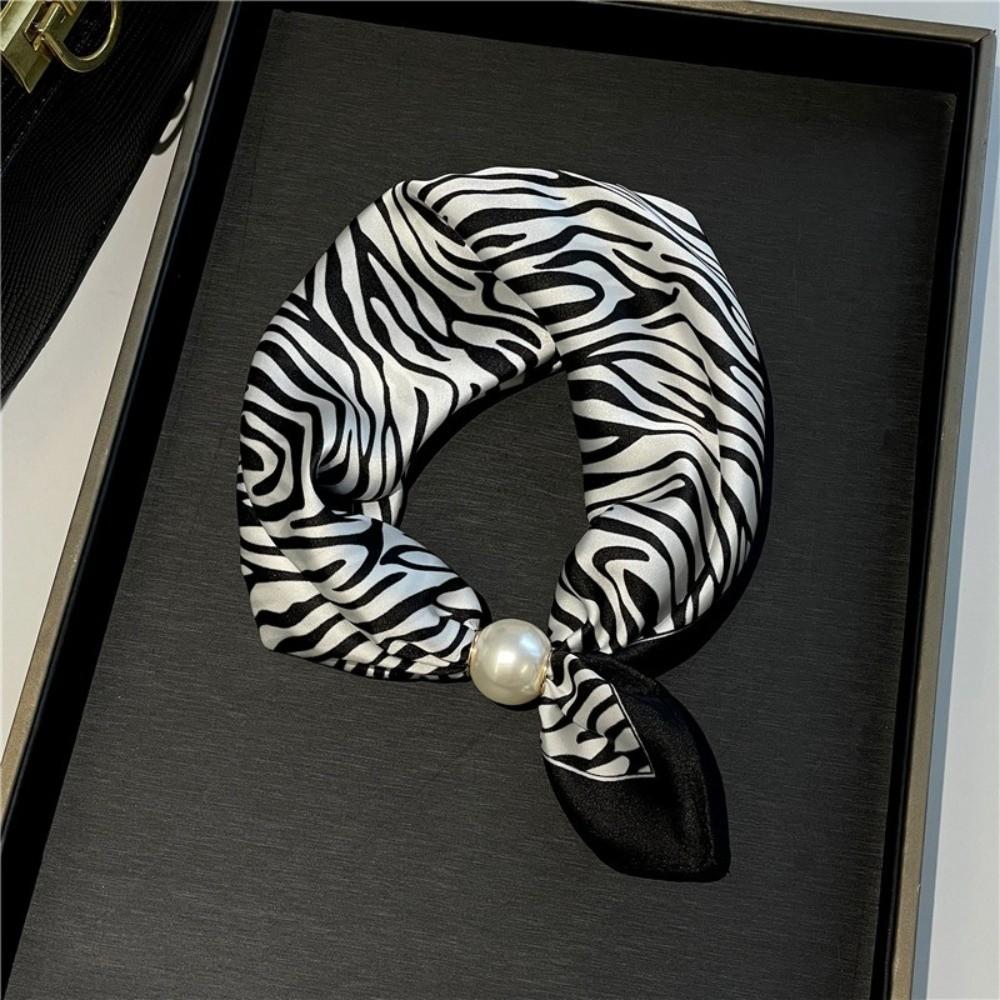 Printed Neck Scarf Pearl Buckle Neckerchief New Silk Scarf  Women