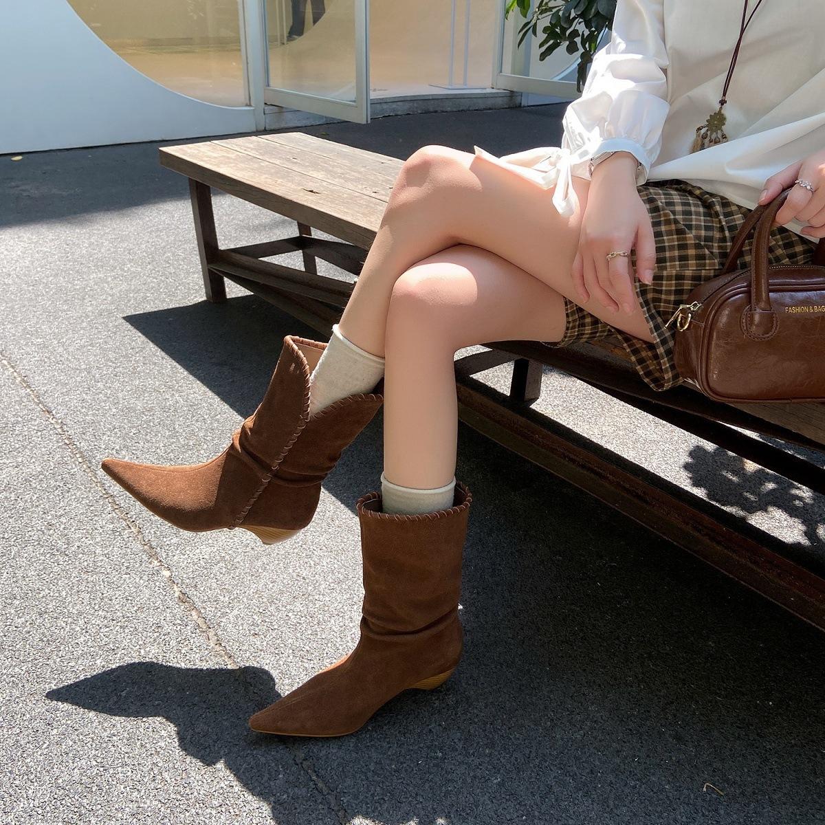 

Half sugar mocha~ pure desire wind pointed toe heel western cowboy boots autumn matte short boots sleeve stacking boots 39 коричневий