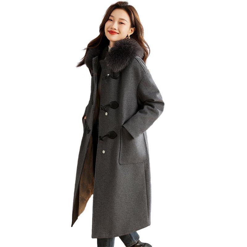 Shang Jing 2025 Winter Women's Faux Fur Lined Long Wool Blend Coat