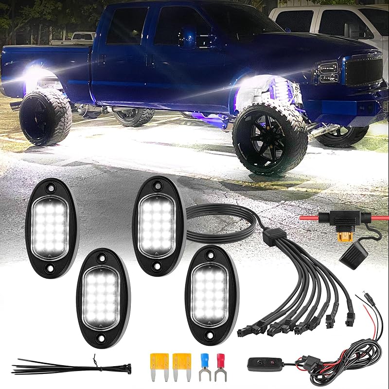 8Pods Pure White LED Rock Lights Kit with Switch Wiring Harness Extension Wire, 6500K 15LEDs Neon Underglow Light Waterproof Fender Lights for Car