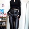 Black micro-flared leather pants women's autumn micro-m leather pants floor-mopping trousers