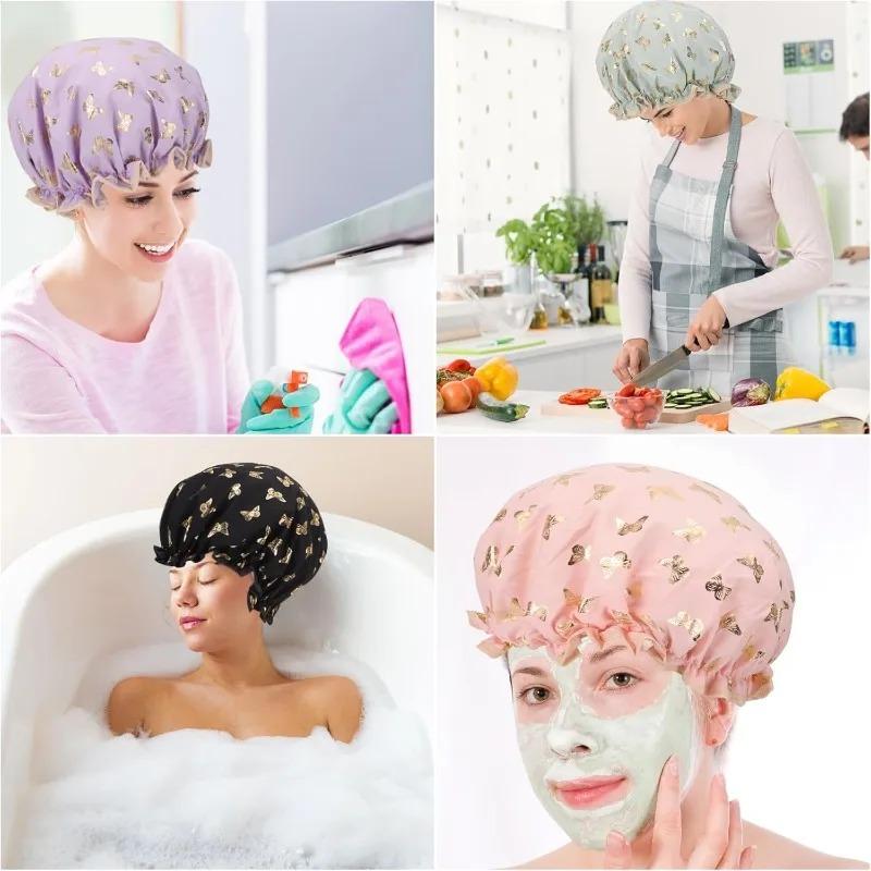 Bathroom Hat Salon Grade Waterproof Shower Cap Double Layer Leopard Print Elastic Reusable Hair Cover Bathing Swimming Travel
