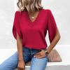 Bluză de vară elegantă casual, cu dantelă, decolteu în V, mâneci scurte evazate, croială largă, culoare solidă, top pentru femei, modă feminină, îmbrăcăminte simplă pentru birou