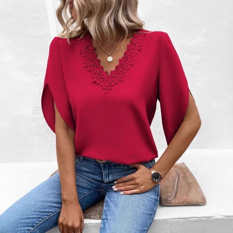 Bluză de vară elegantă casual, cu dantelă, decolteu în V, mâneci scurte evazate, croială largă, culoare solidă, top pentru femei, modă feminină, îmbrăcăminte simplă pentru birou