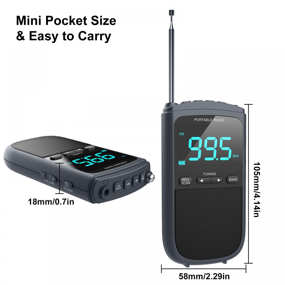 Tragbares AM FM-Stereoradio, wiederaufladbar, Mini-FM-Kopfhöreranschluss, Wecker, Taschenradio für Wetterübertragungen im Freien