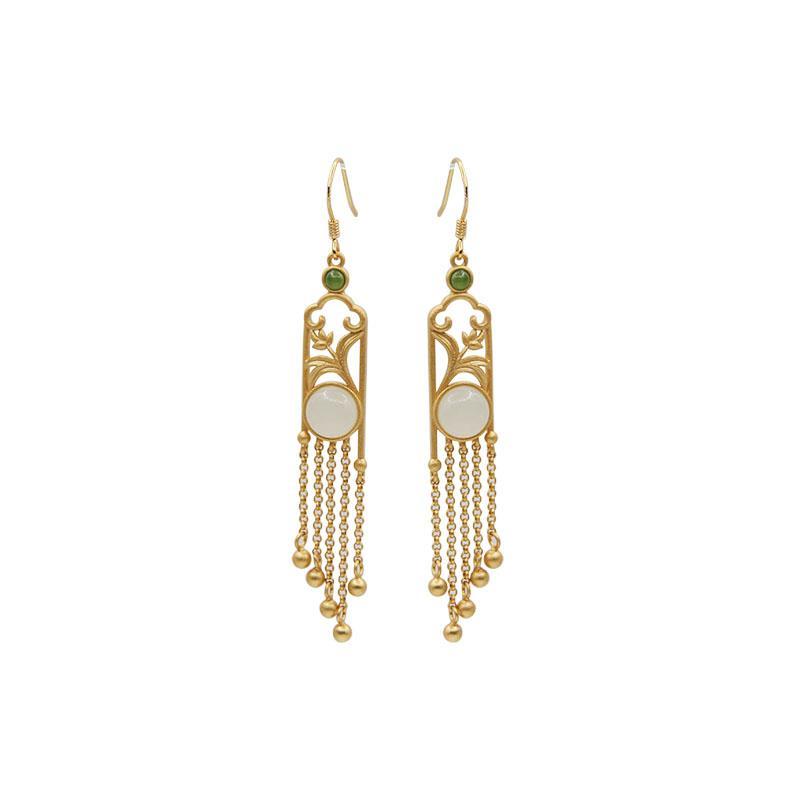 New Design Natural Hetian White Jade Round Magnolia Fringed Long Earrings Chinese Bright Retro Ladies Brand Jewelry