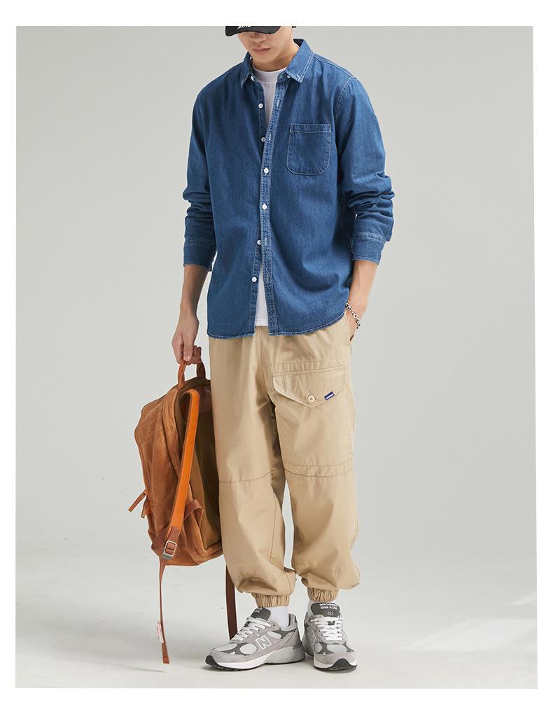 Camisa Masculina Retro Lavada Jeans Manga Longa - Primavera Casual Cor Sólida com Lapela Fina