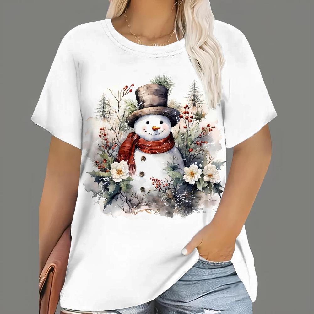 Women's Christmas T-shirt, cartoon Santa Claus print, short-sleeve, round-neck, casual party loose top