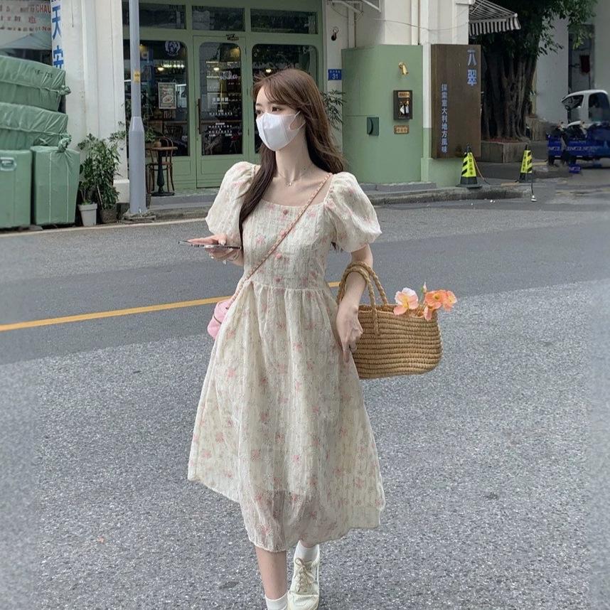 Coffee Break French Retro Floral Dress Women's Summer High-end Temperament Waist Bubble Sleeves Gentle Wind First Love Long Dress