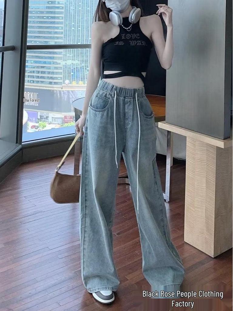 Pantaloni in Denim Elasticizzati a Vita Alta Taglie Forti Donna Primavera Estate - Dimagranti Dritti Larghi a Gamba Larga Lunghezza Pavimento