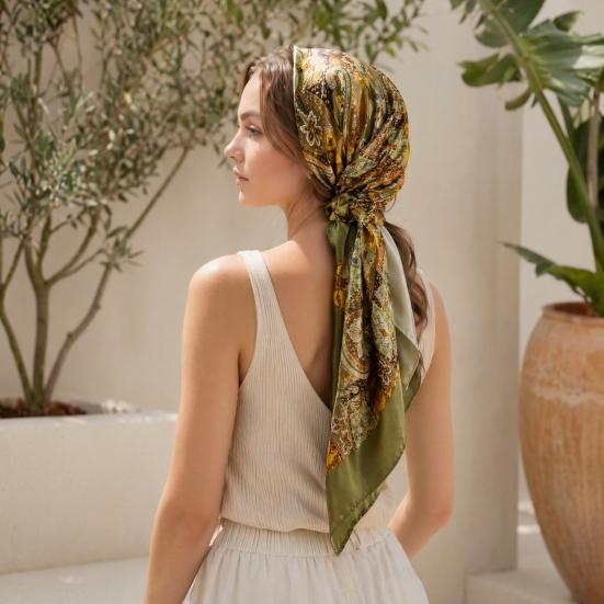 Headscarf Paisley Pattern Large Square Scarf Smooth Imitation Silk Fabric Turban